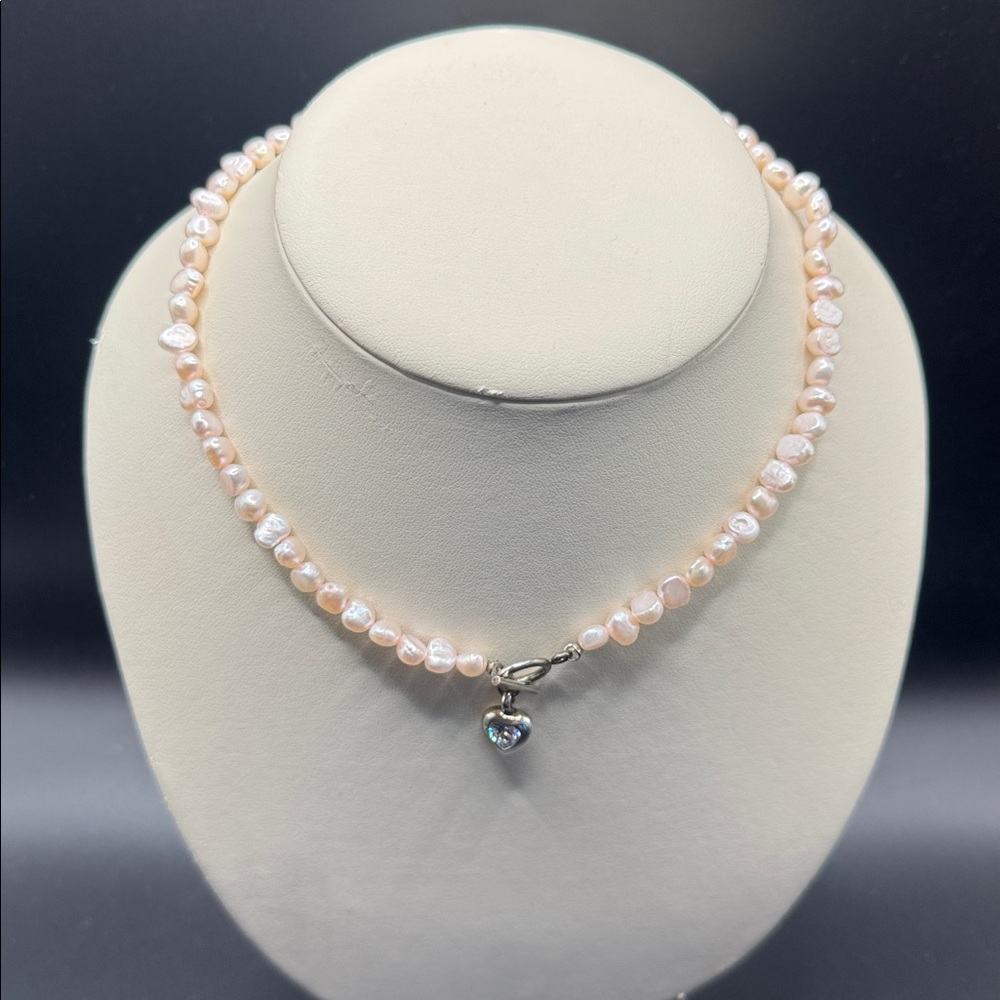NWOT Real Pink Pearl Necklace with Sterling Heart Charm